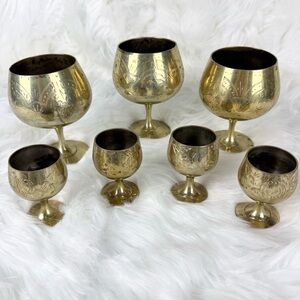 Vintage Etched Brass Wine and Shot Goblet Set